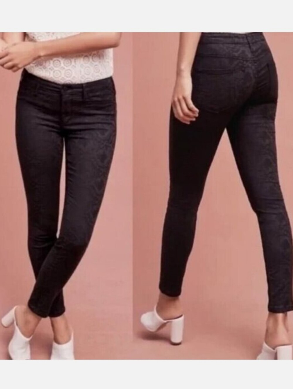 Pilcro Anthropologie Black Lace Textured Serif Fit Skinny Ankle Jeans Sz 26